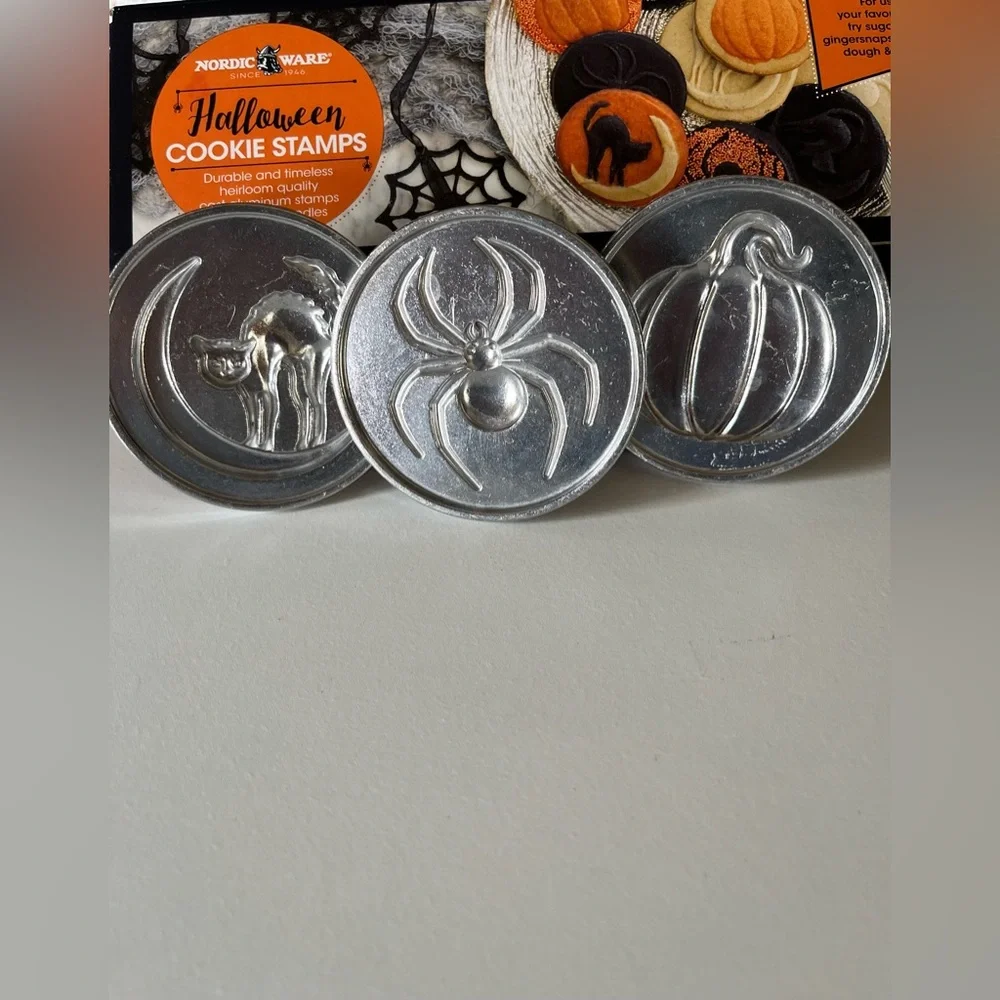 Nordic ware Halloween Cookie Stamps Set of three Cat on Moon, Spider, & Pumpkin.